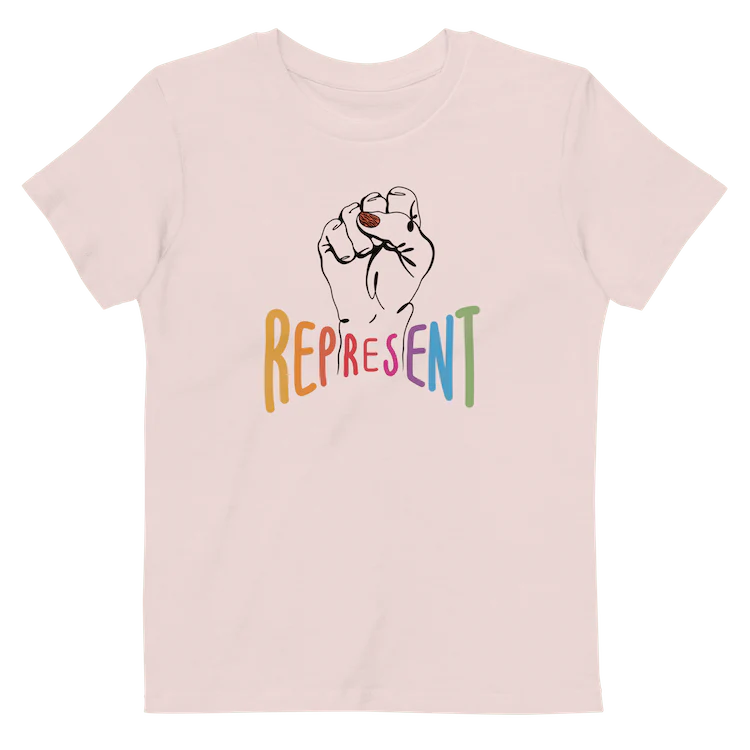 Pale [ink t short which says Represent under a fist design